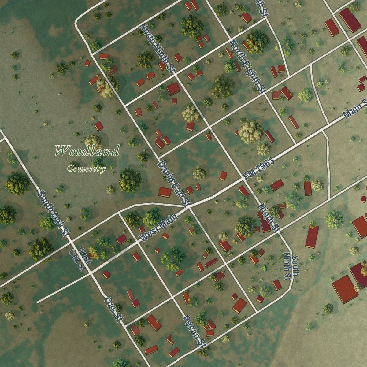 Second close-up of the map of Rosebud, Texas print showing more streets and buildings