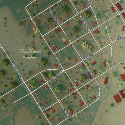 Second close-up of the map of Rosebud, Texas print showing more streets and buildings