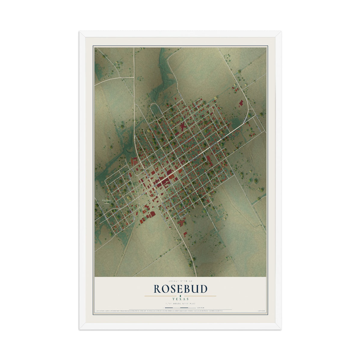 Map of Rosebud, Texas, 12 x 18 inch print in a white wood frame
