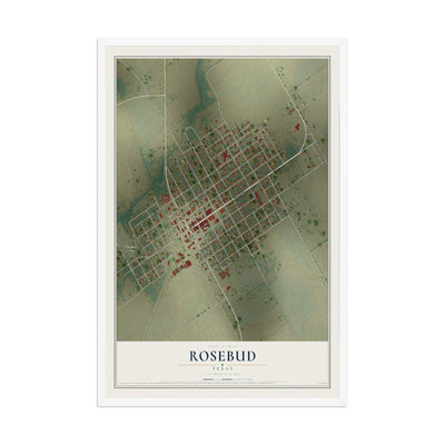 Map of Rosebud, Texas, 12 x 18 inch print in a white wood frame