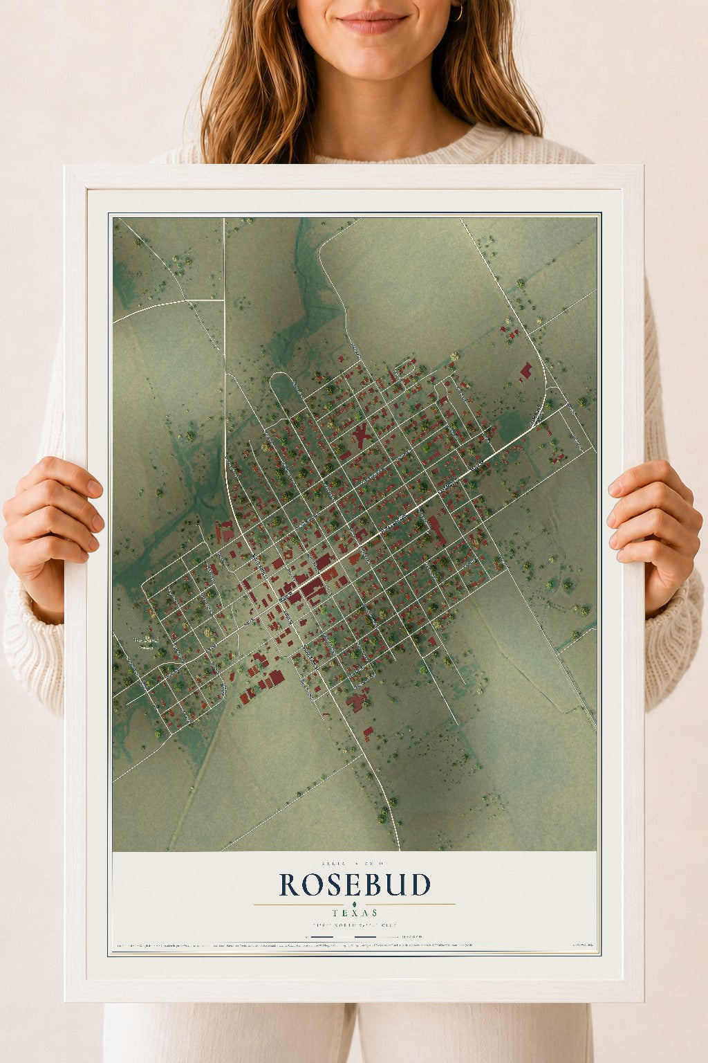 Map of Rosebud, Texas, 18 x 24 inch print in a white wood frame