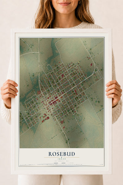 Map of Rosebud, Texas, 18 x 24 inch print in a white wood frame