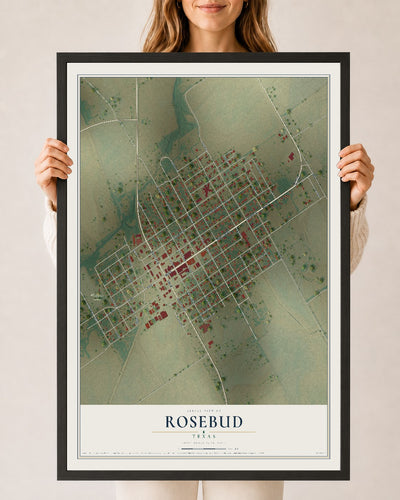 Map of Rosebud, Texas, 24 x 36 inch print in a black wood frame