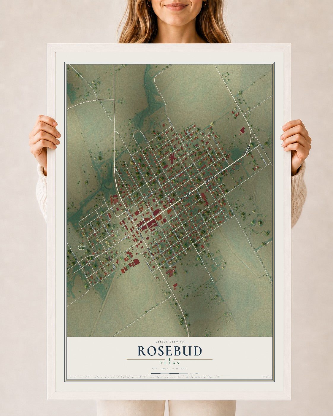 Map of Rosebud, Texas, 24 x 36 inch print in a white wood frame