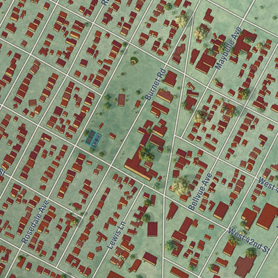 Close-up of the map of Rosedale, Texas print showing street and building detail