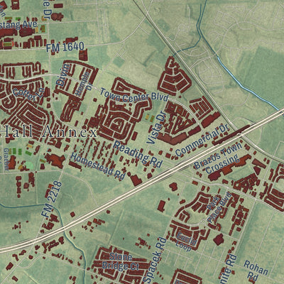 Close-up of the map of Rosenberg, Texas print showing street and building detail