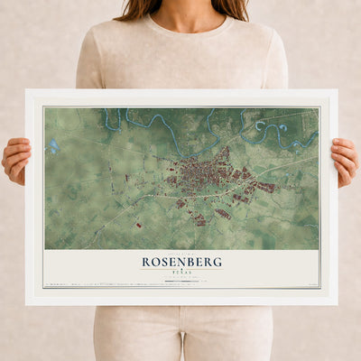 Map of Rosenberg, Texas, 12 x 18 inch print in a white wood frame