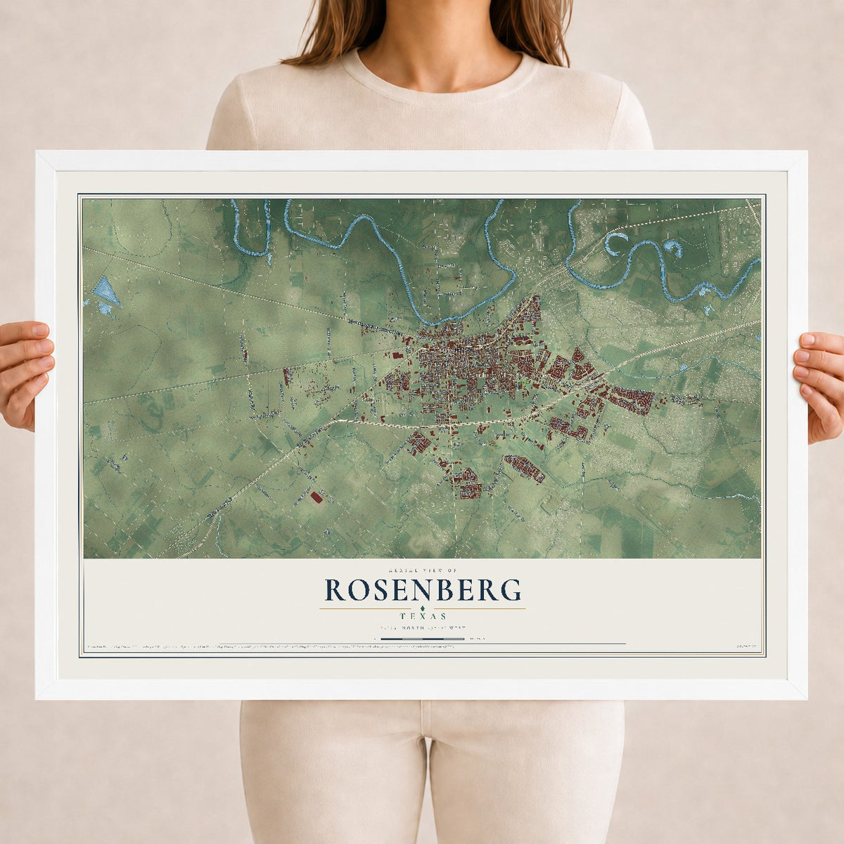 Map of Rosenberg, Texas, 18 x 24 inch print in a white wood frame