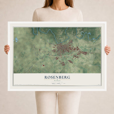Map of Rosenberg, Texas, 24 x 36 inch print in a white wood frame