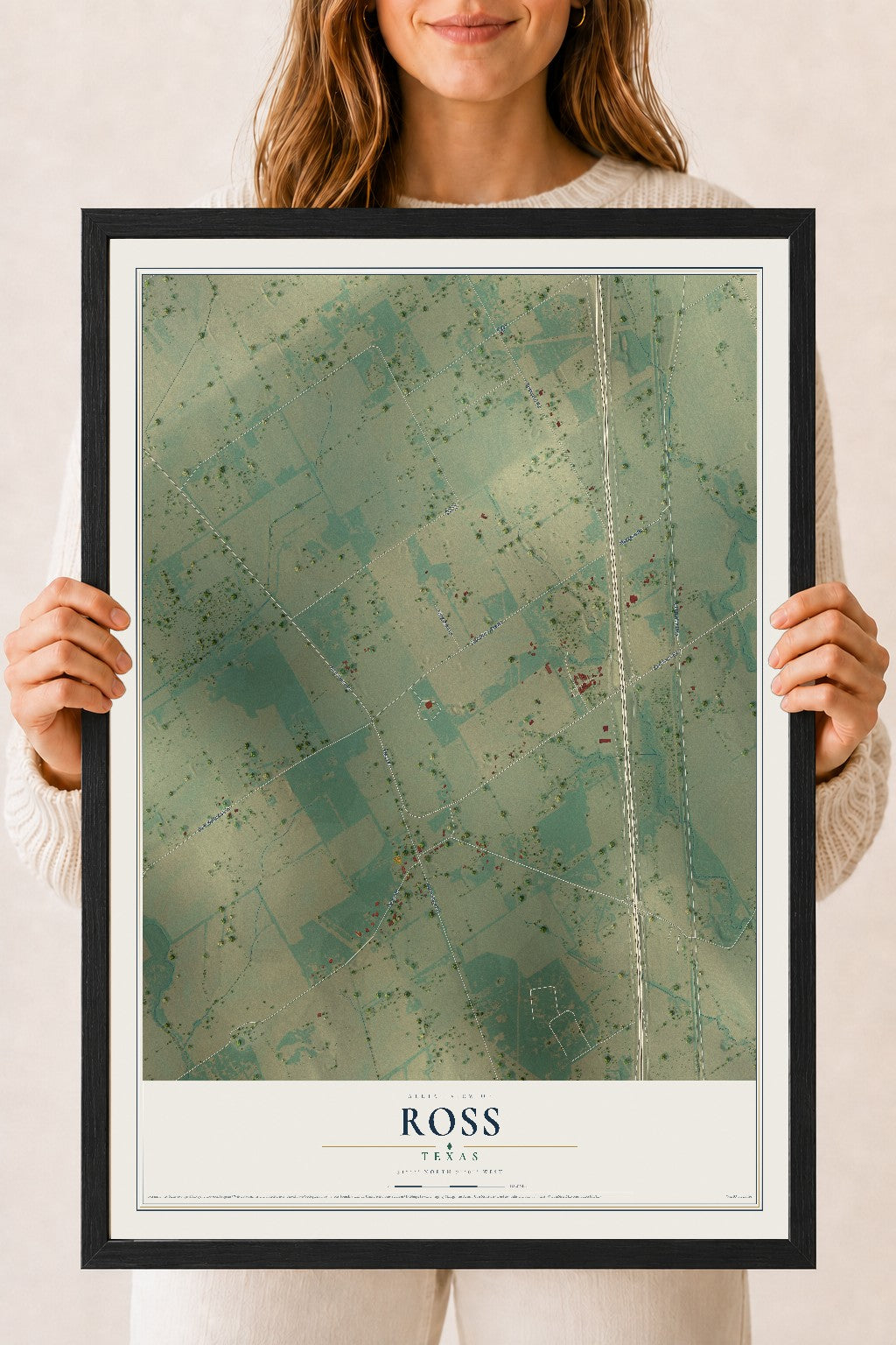 Map of Ross, Texas, 18 x 24 inch print in a black wood frame