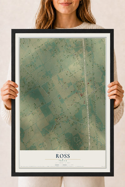 Map of Ross, Texas, 18 x 24 inch print in a black wood frame