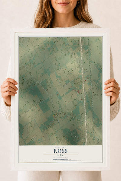Map of Ross, Texas, 18 x 24 inch print in a white wood frame
