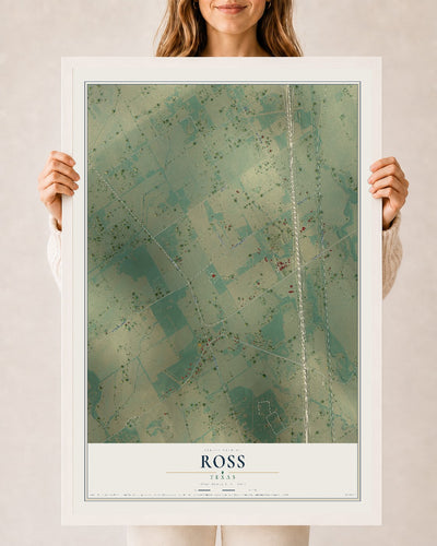 Map of Ross, Texas, 24 x 36 inch print in a white wood frame
