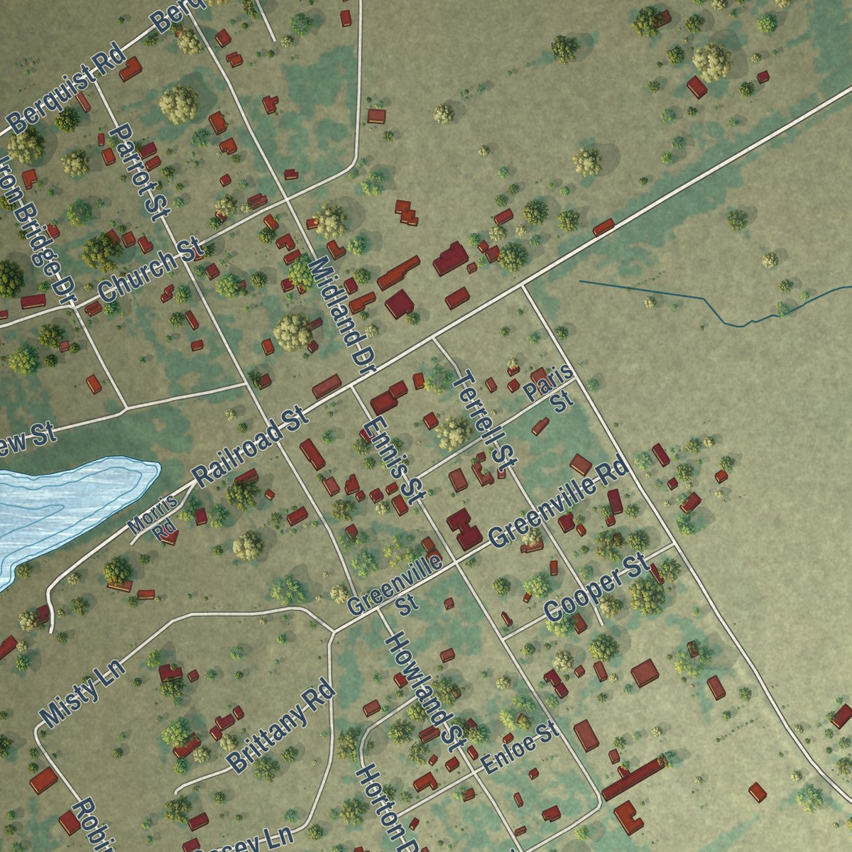 Second close-up of the map of Rosser, Texas print showing more streets and buildings