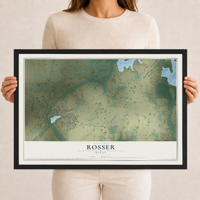 Map of Rosser, Texas, 12 x 18 inch print in a black wood frame