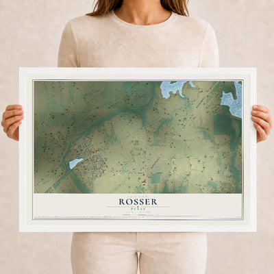 Map of Rosser, Texas, 12 x 18 inch print in a white wood frame