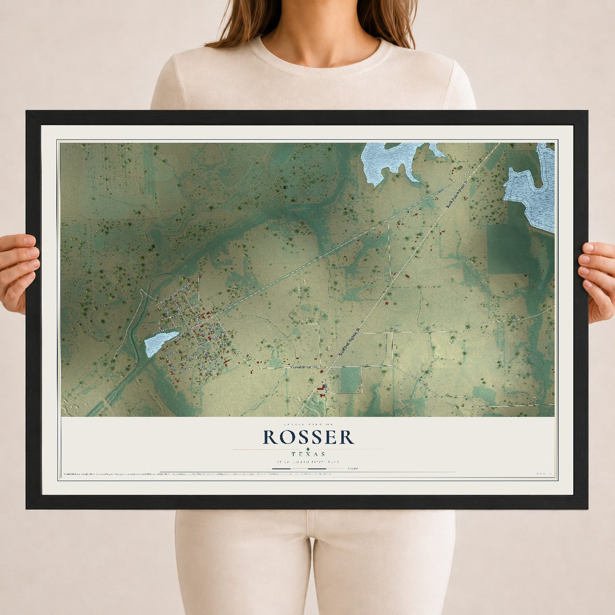 Map of Rosser, Texas, 18 x 24 inch print in a black wood frame
