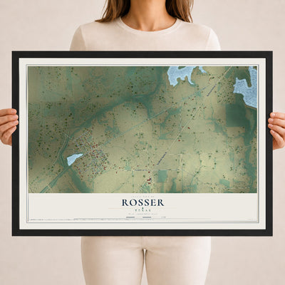 Map of Rosser, Texas, 18 x 24 inch print in a black wood frame