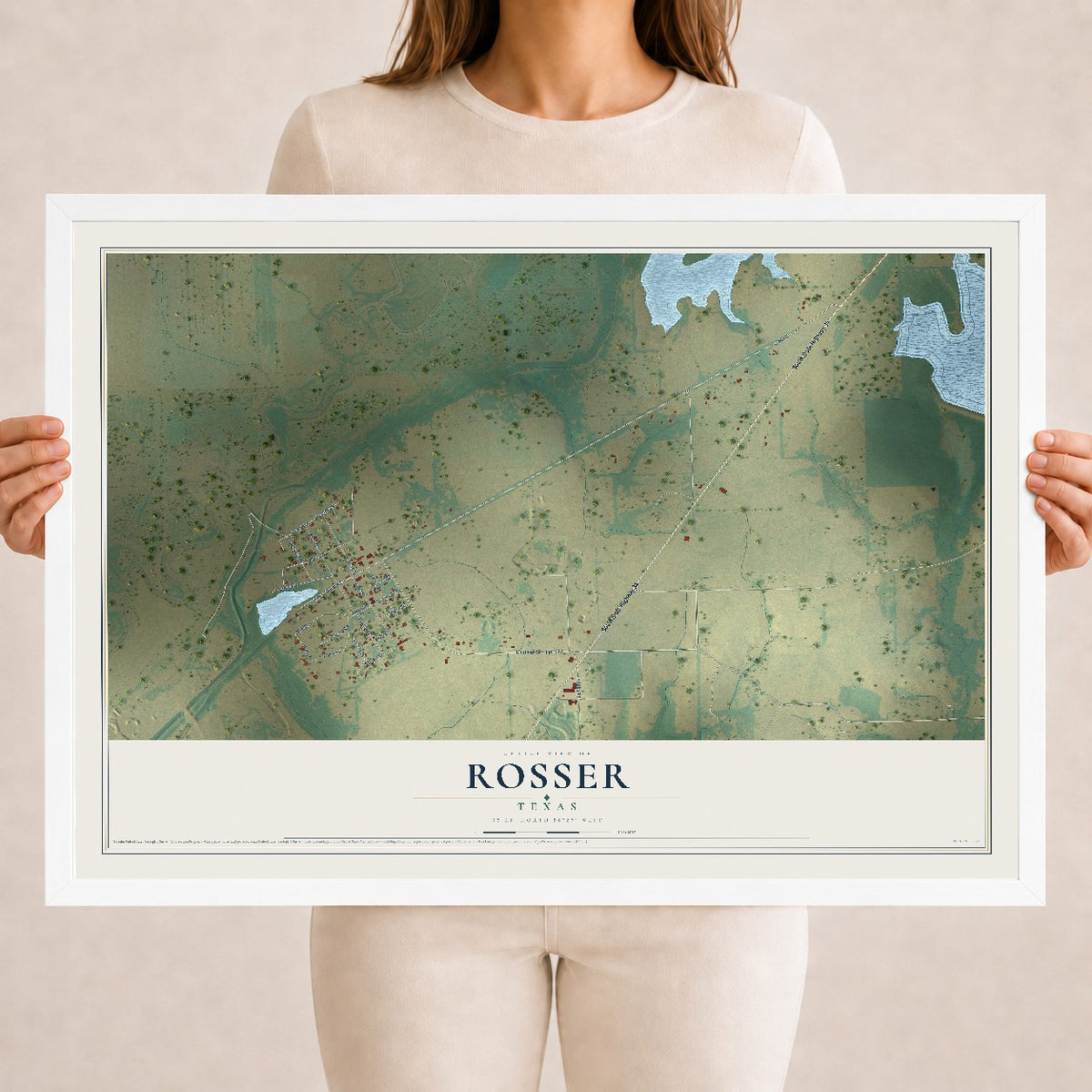 Map of Rosser, Texas, 18 x 24 inch print in a white wood frame