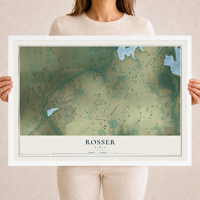 Map of Rosser, Texas, 18 x 24 inch print in a white wood frame