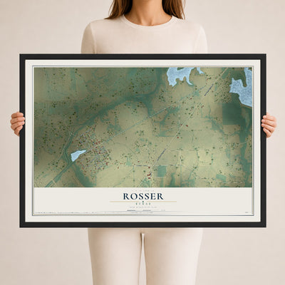 Map of Rosser, Texas, 24 x 36 inch print in a black wood frame