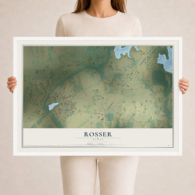 Map of Rosser, Texas, 24 x 36 inch print in a white wood frame