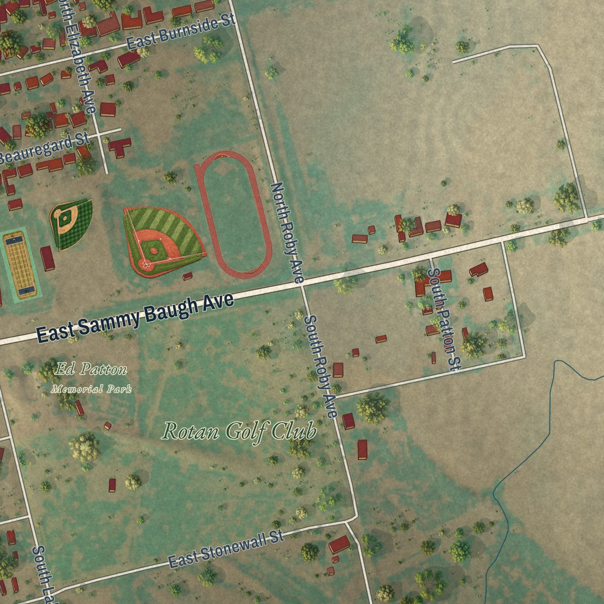 Second close-up of the map of Rotan, Texas print showing more streets and buildings