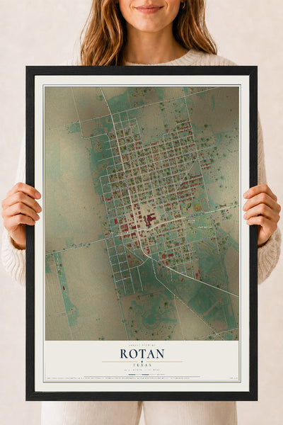 Map of Rotan, Texas, 18 x 24 inch print in a black wood frame