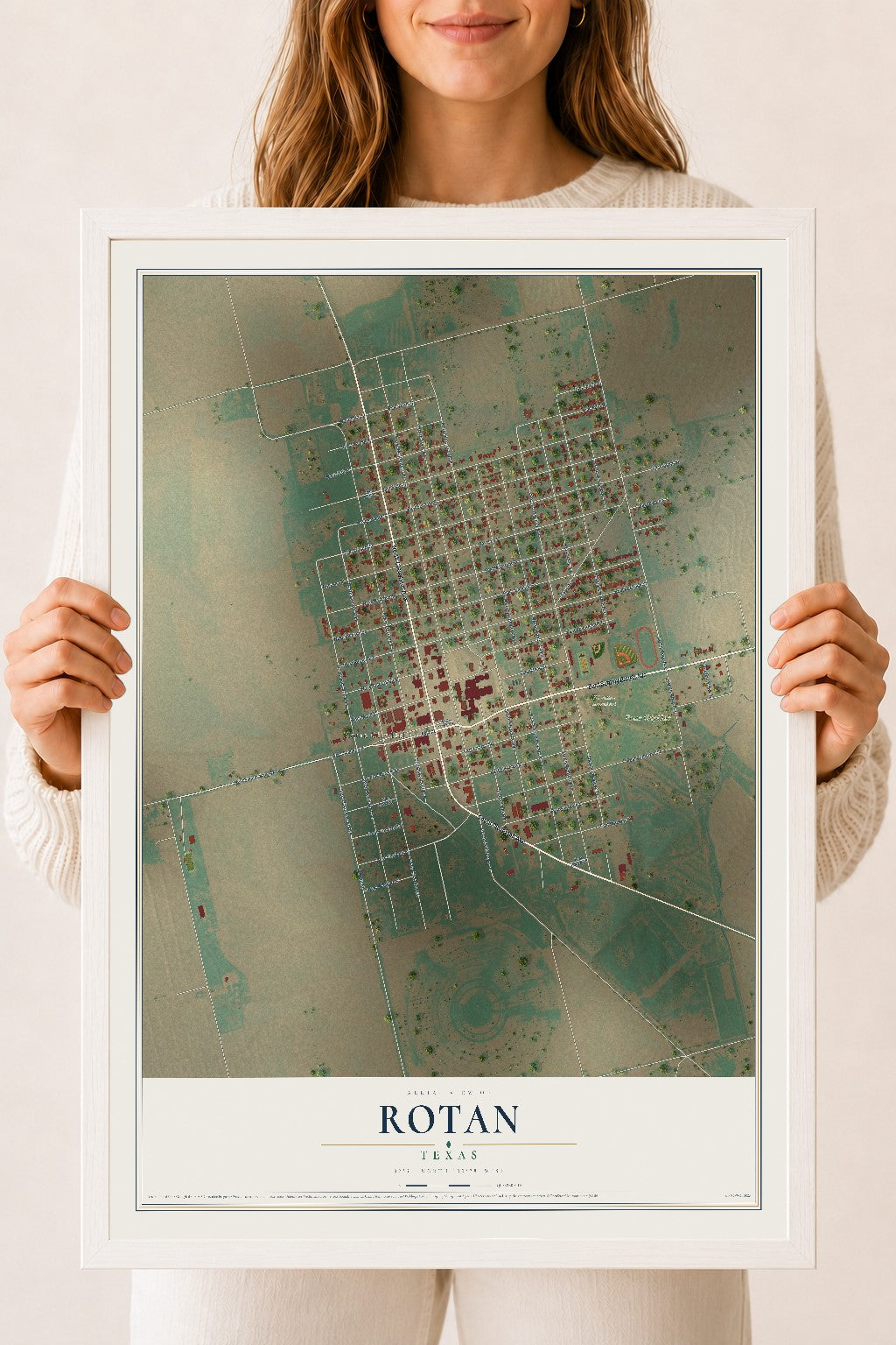 Map of Rotan, Texas, 18 x 24 inch print in a white wood frame