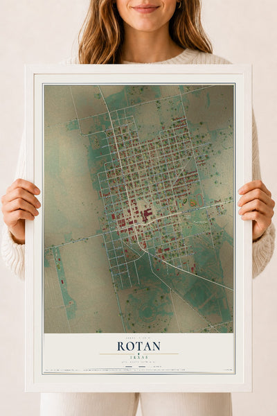 Map of Rotan, Texas, 18 x 24 inch print in a white wood frame