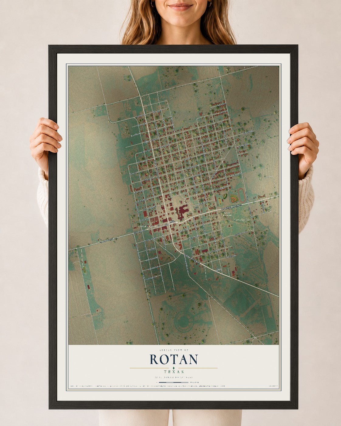 Map of Rotan, Texas, 24 x 36 inch print in a black wood frame