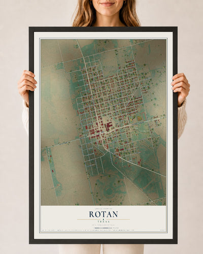 Map of Rotan, Texas, 24 x 36 inch print in a black wood frame