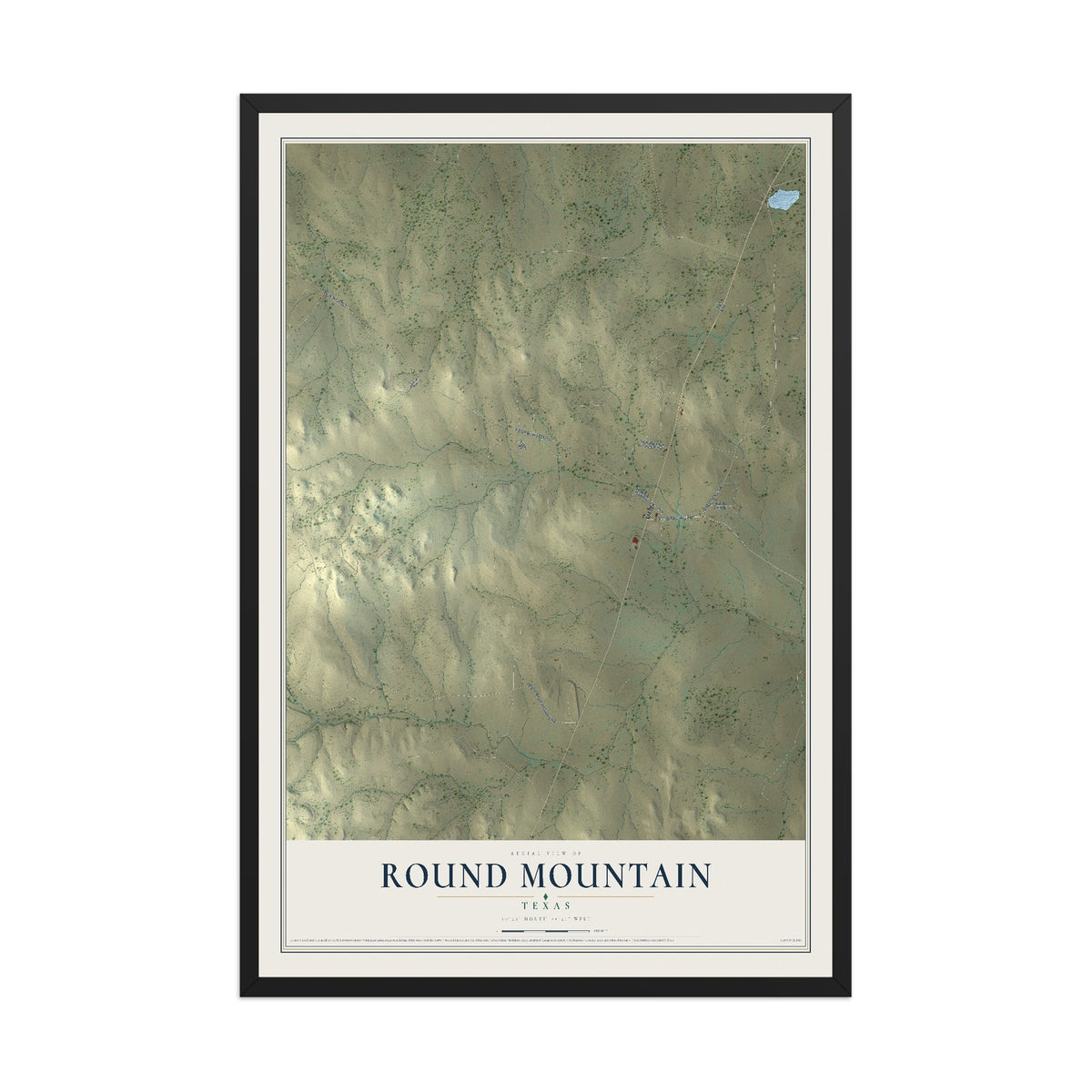 Map of Round Mountain, Texas, 12 x 18 inch print in a black wood frame
