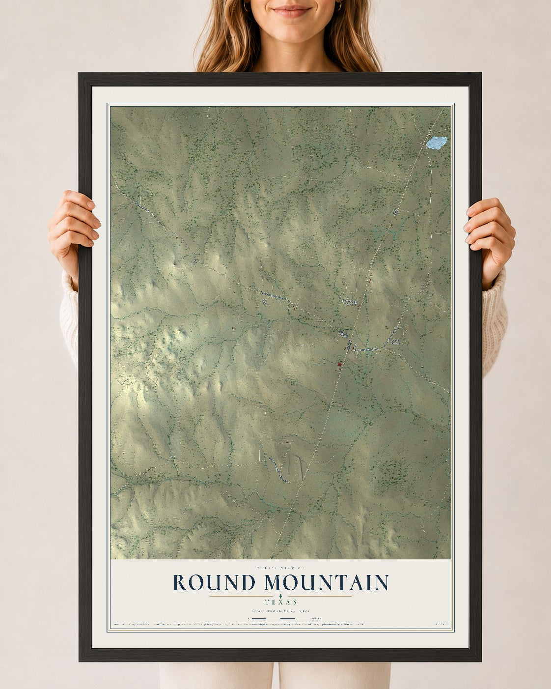 Map of Round Mountain, Texas, 24 x 36 inch print in a black wood frame