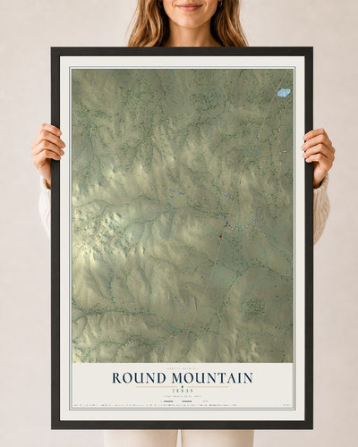 Map of Round Mountain, Texas, 24 x 36 inch print in a black wood frame