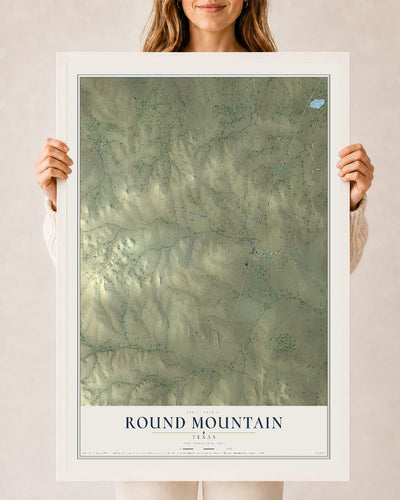 Map of Round Mountain, Texas, 24 x 36 inch print in a white wood frame