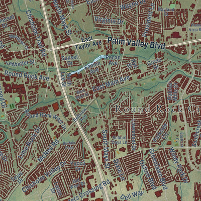 Close-up of the map of Round Rock, Texas print showing street and building detail