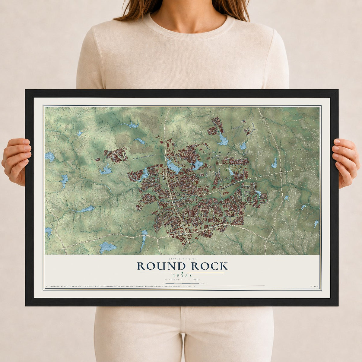 Map of Round Rock, Texas, 12 x 18 inch print in a black wood frame