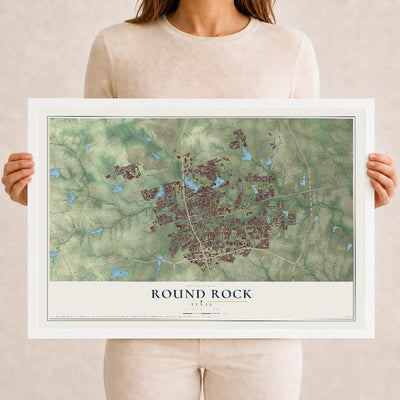 Map of Round Rock, Texas, 12 x 18 inch print in a white wood frame