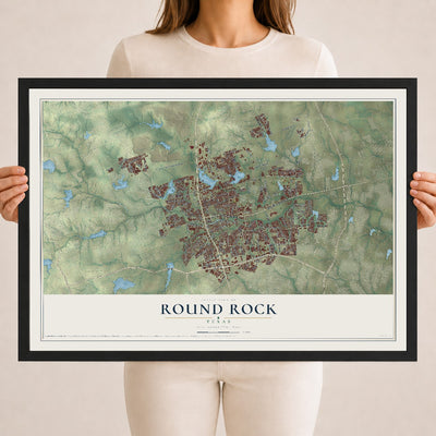 Map of Round Rock, Texas, 18 x 24 inch print in a black wood frame