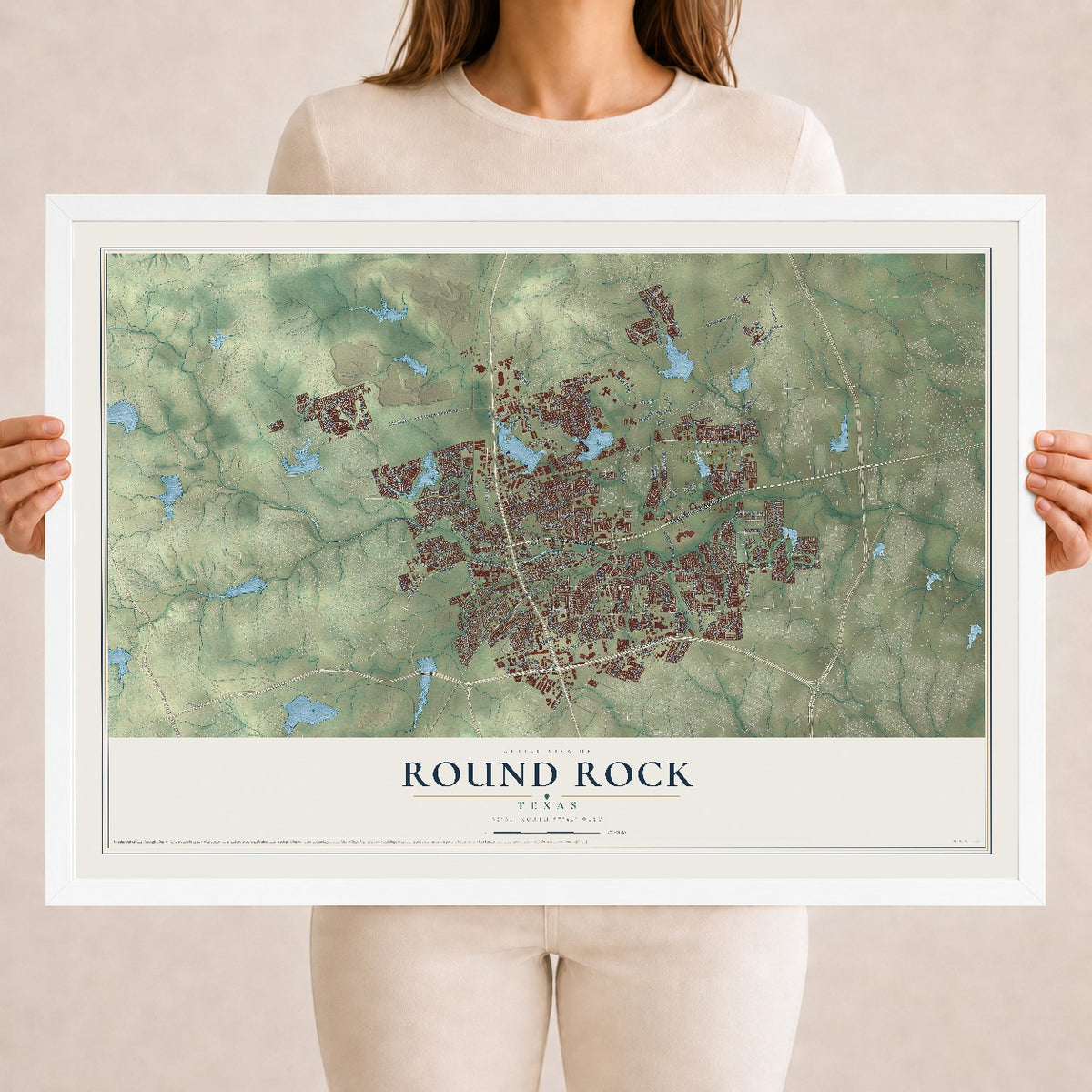 Map of Round Rock, Texas, 18 x 24 inch print in a white wood frame