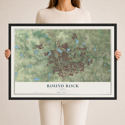 Map of Round Rock, Texas, 24 x 36 inch print in a black wood frame