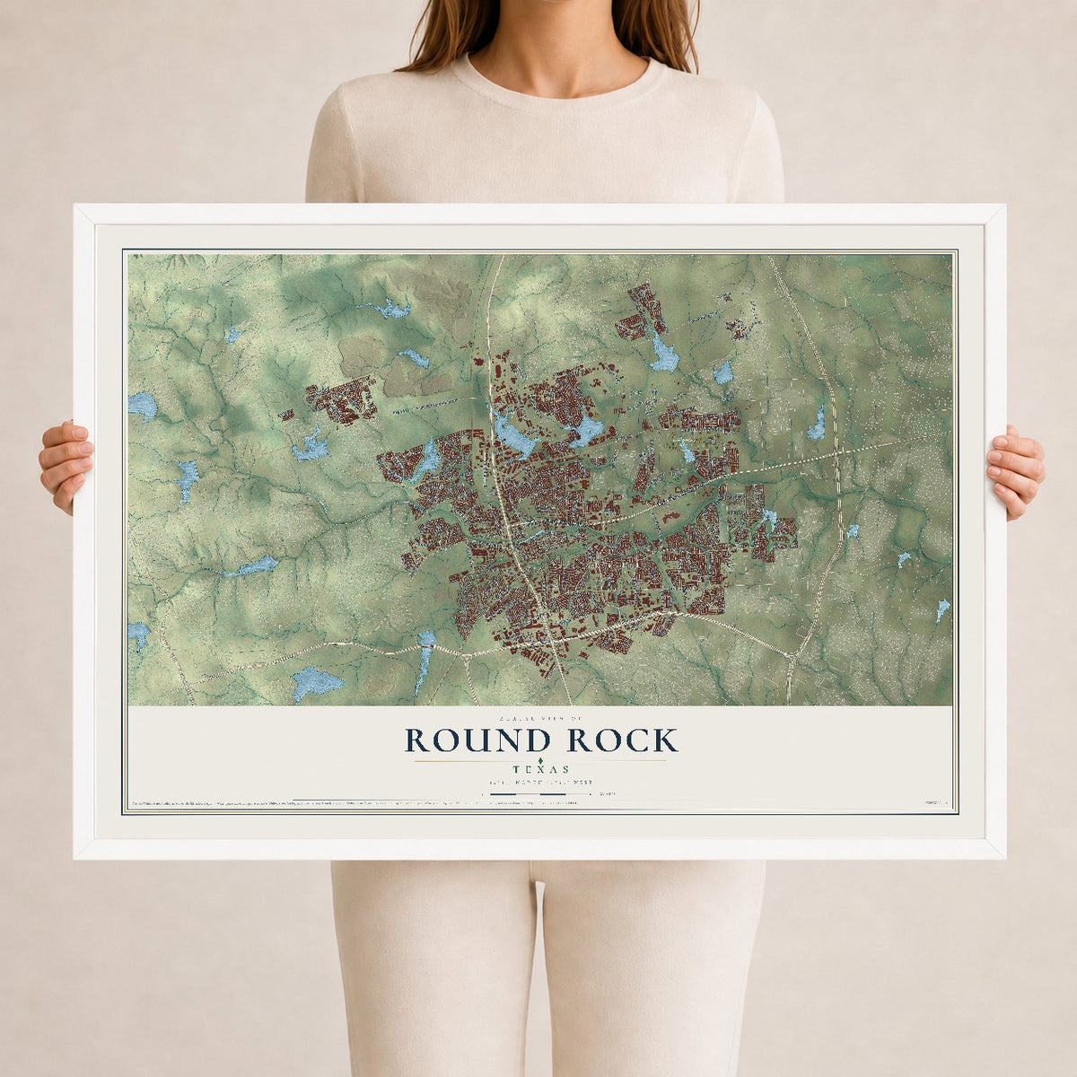 Map of Round Rock, Texas, 24 x 36 inch print in a white wood frame