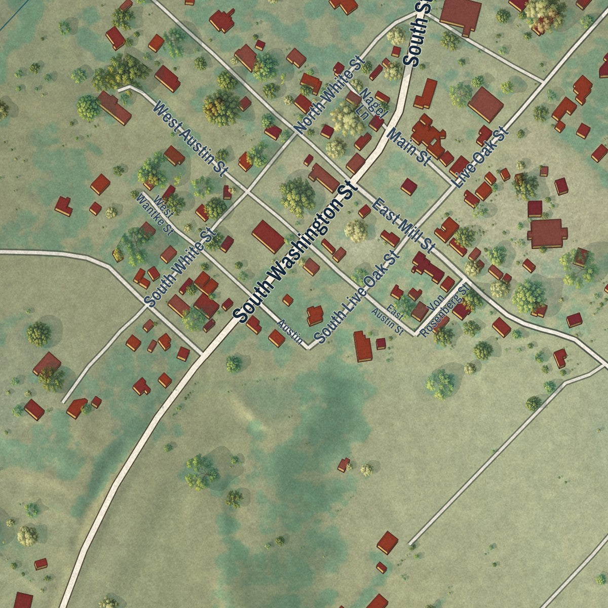 Close-up of the map of Round Top, Texas print showing street and building detail