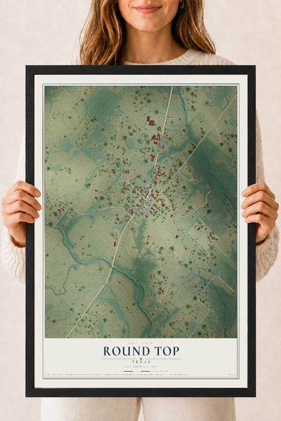 Map of Round Top, Texas, 18 x 24 inch print in a black wood frame