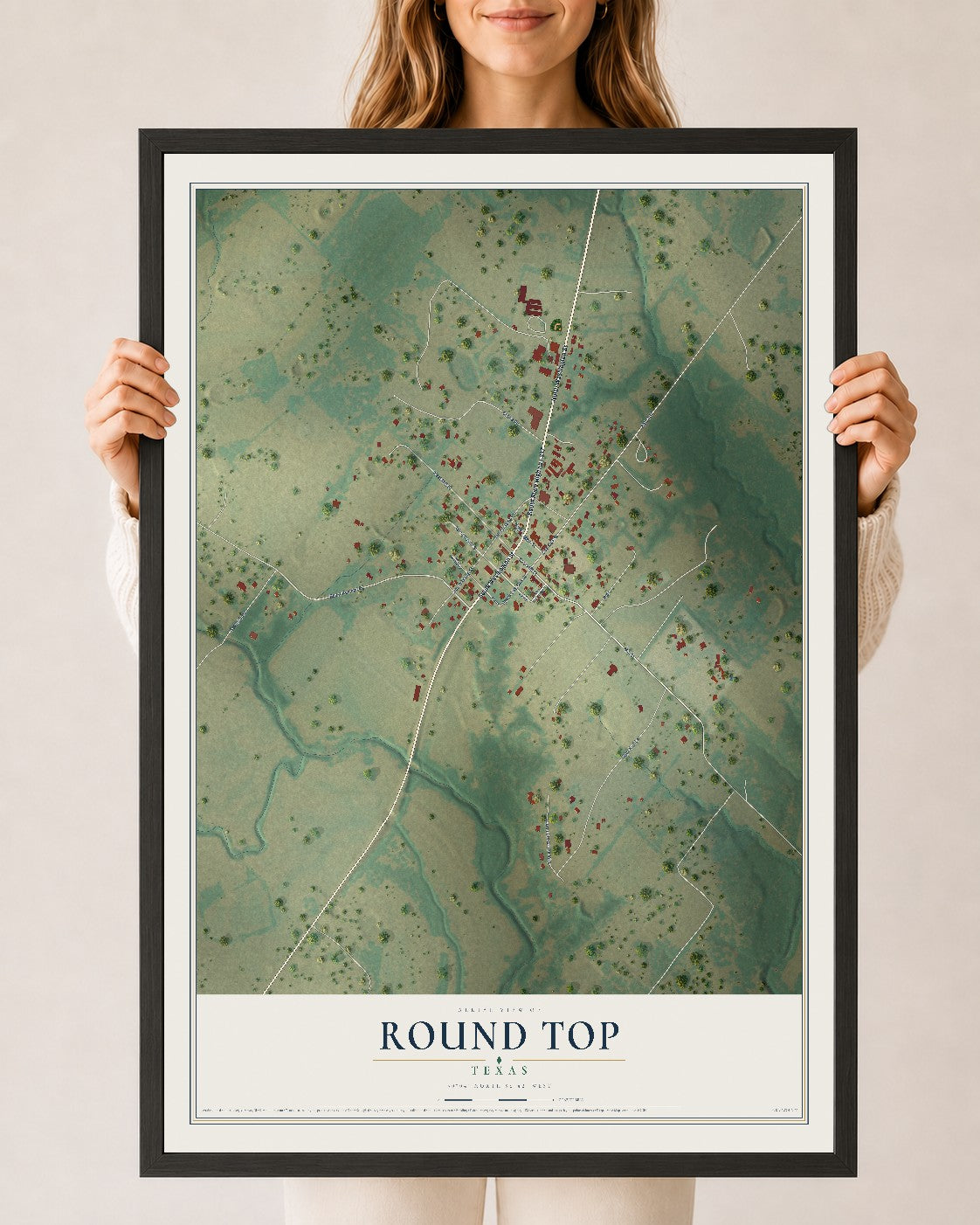 Map of Round Top, Texas, 24 x 36 inch print in a black wood frame