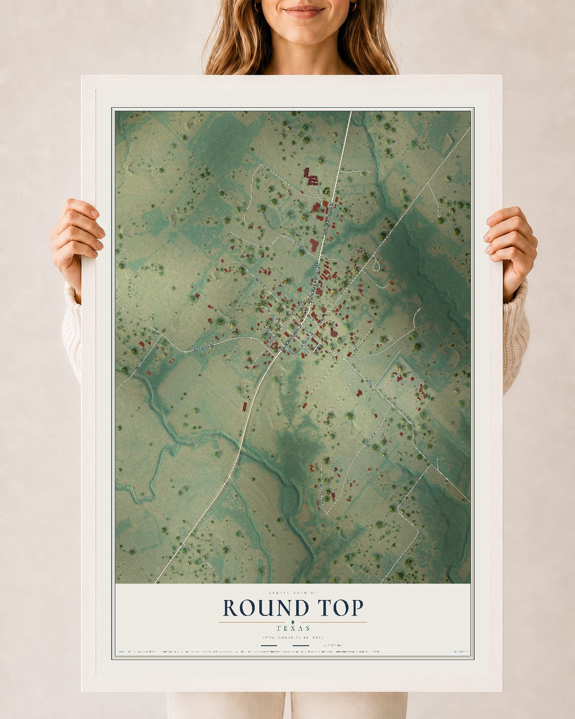 Map of Round Top, Texas, 24 x 36 inch print in a white wood frame