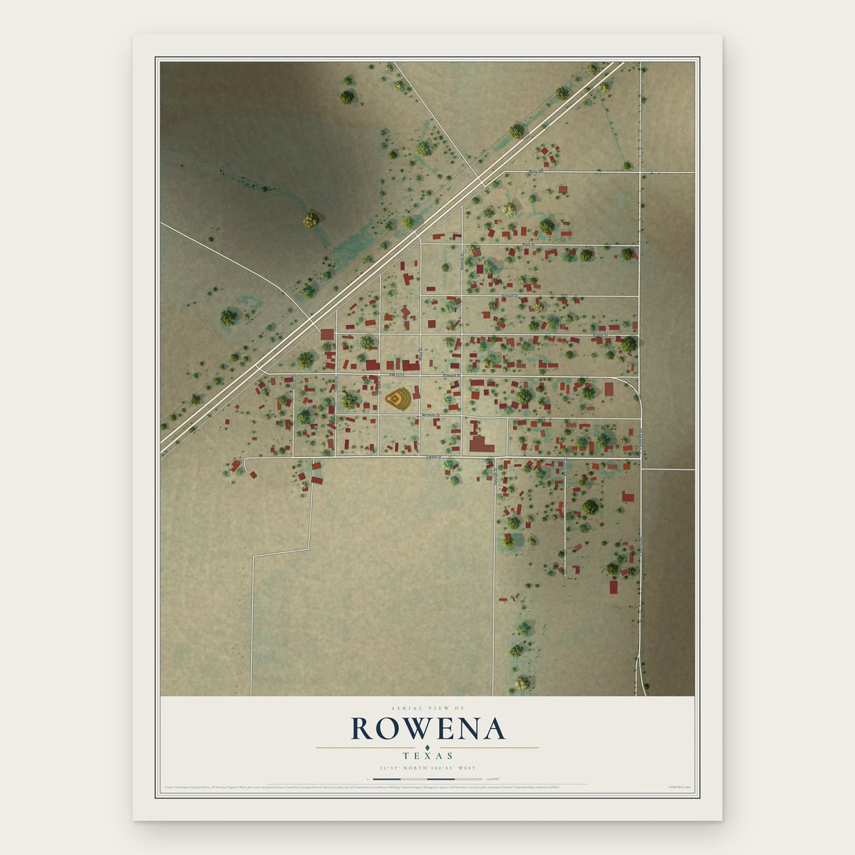 Rowena, Texas map print, the full design