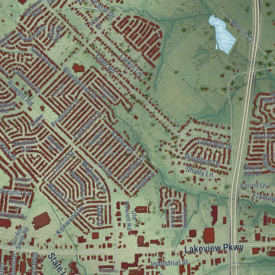 Second close-up of the map of Rowlett, Texas print showing more streets and buildings