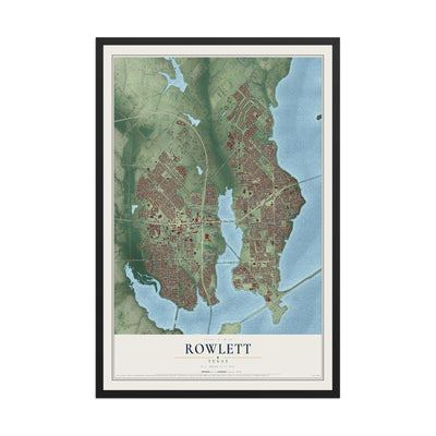 Map of Rowlett, Texas, 12 x 18 inch print in a black wood frame